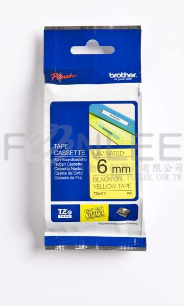 BROTHER護貝標籤 6mm/8M TZe-611 黑/黃